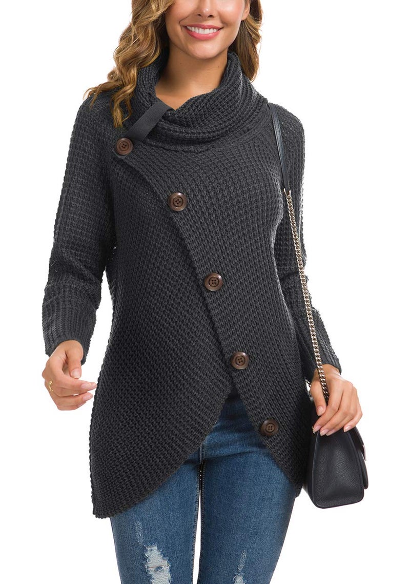 GRECERELLE Women's 2024 Fall Turtleneck Chunky Pullover Sweaters Long Sleeve Asymmetric Knit Jumper Tops Dark Gray, L - Image 2